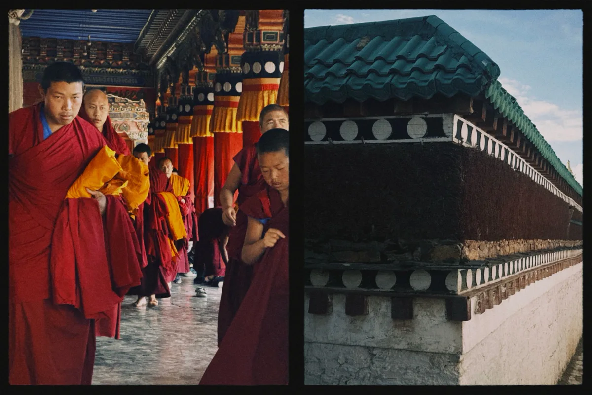 双联画面中僧人与寺院屋檐并置