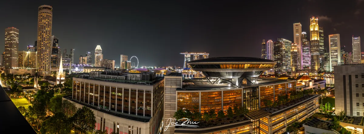 夜色下横向展开的城市天际线