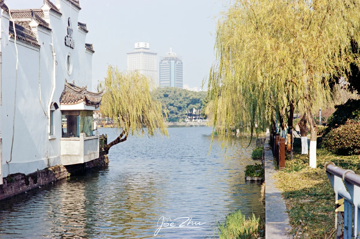 垂柳与亭子环绕的水道
