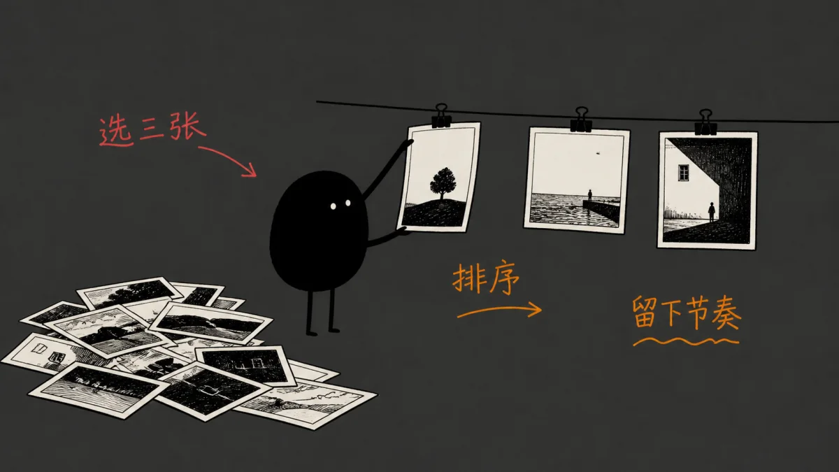 小黑从一堆照片中挑选作品并排列上墙