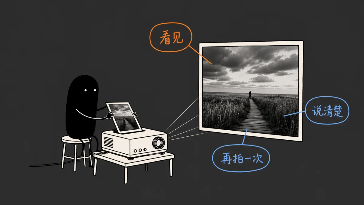 小黑把作品放进投影仪，与同伴一起观察和讨论画面